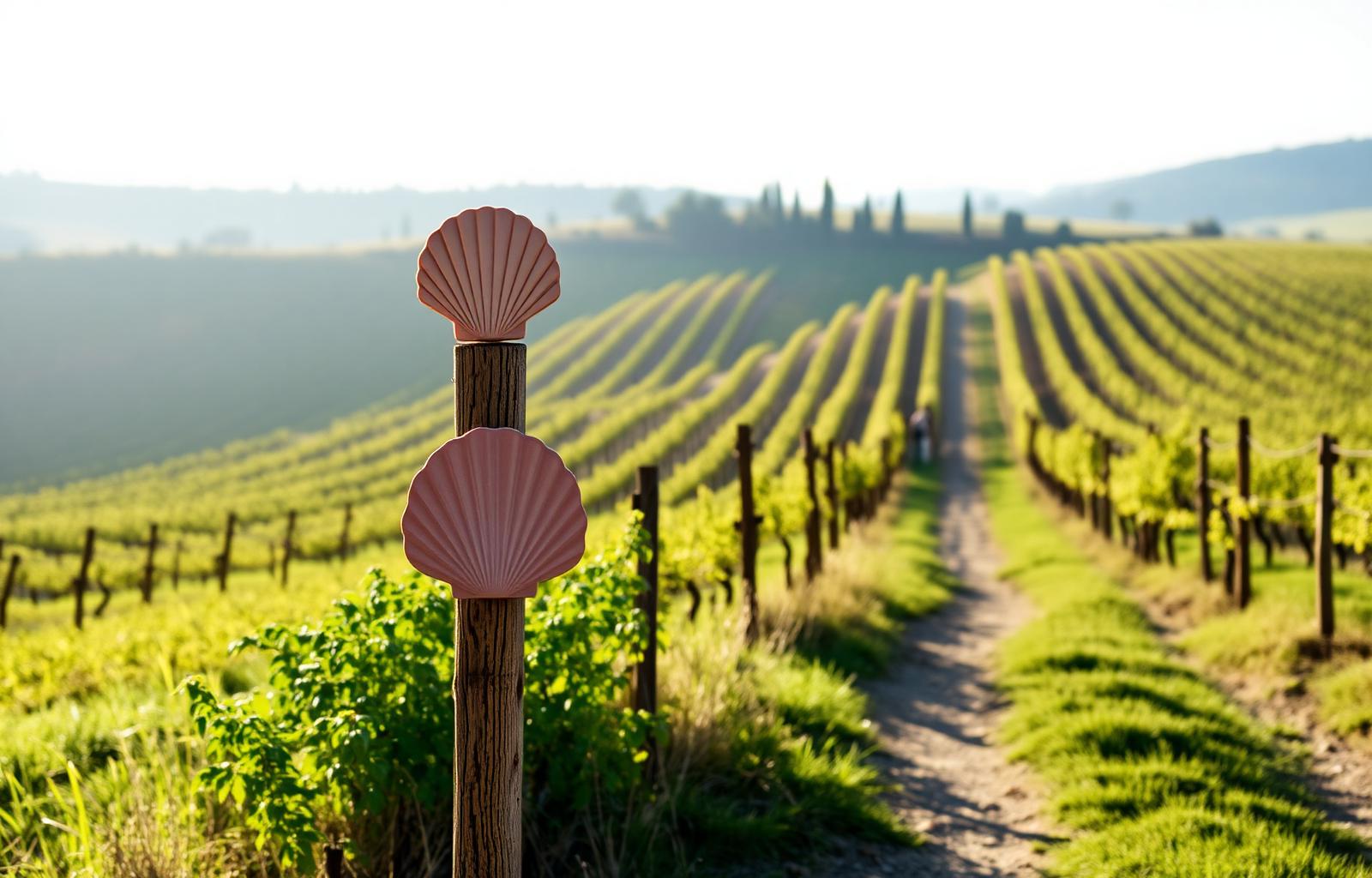 Señal con la concha del Camino de Santiago entre viñedos riojanos