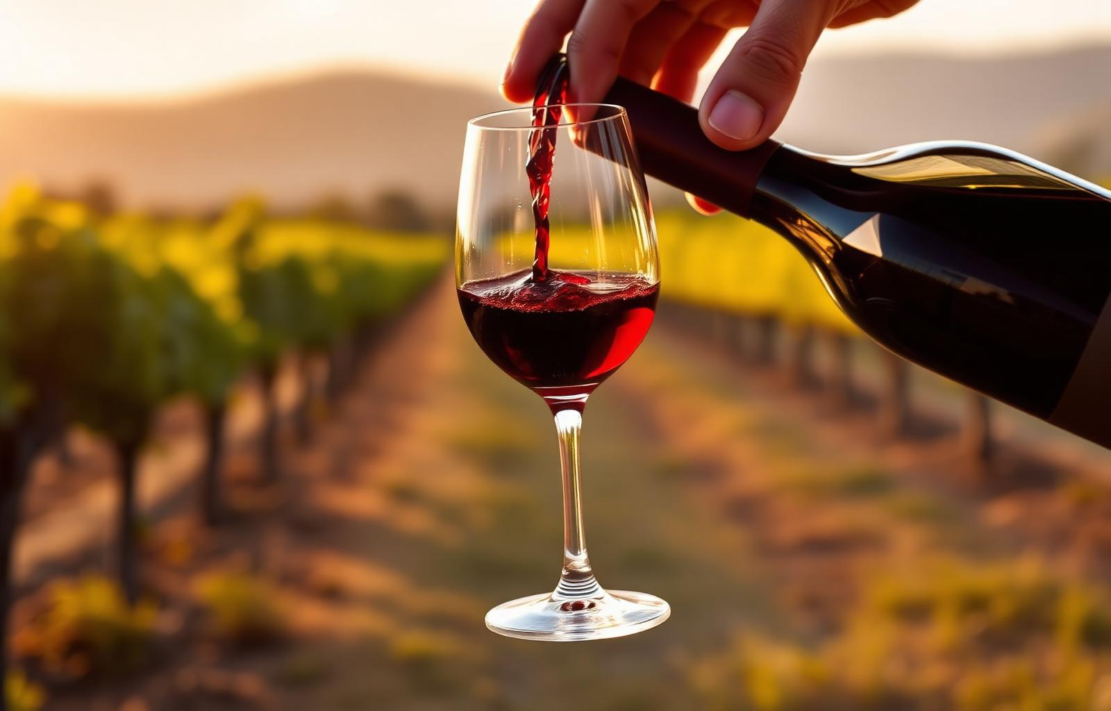 Copa de vino tinto de Rioja siendo servida en un viñedo