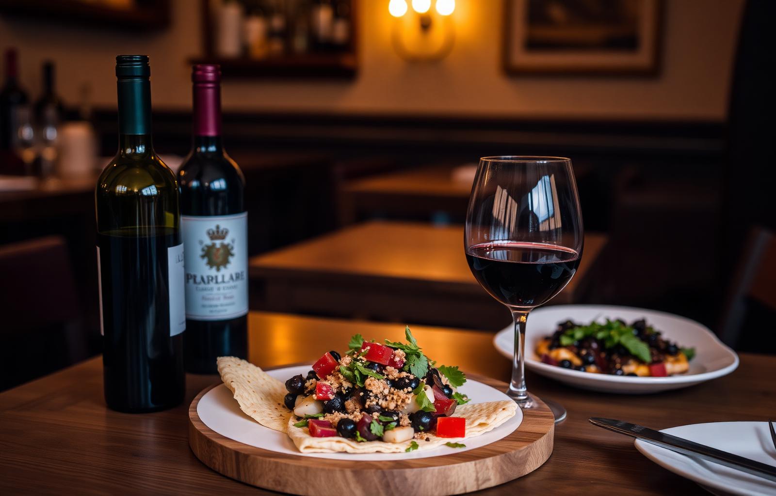 Mesa con tapas y copa de vino tinto en Logroño