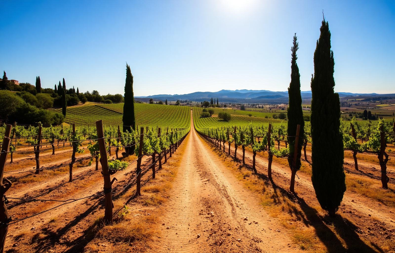 Viñedos soleados de la Rioja Oriental con cipreses