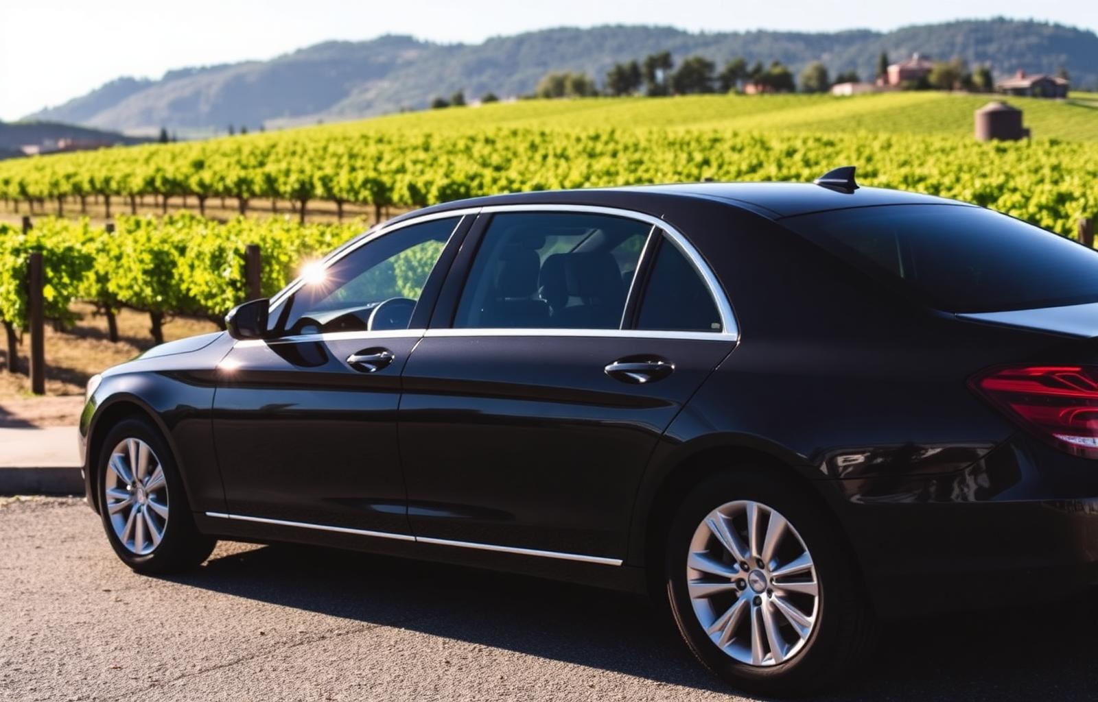 Coche negro de chófer privado entre viñedos de La Rioja