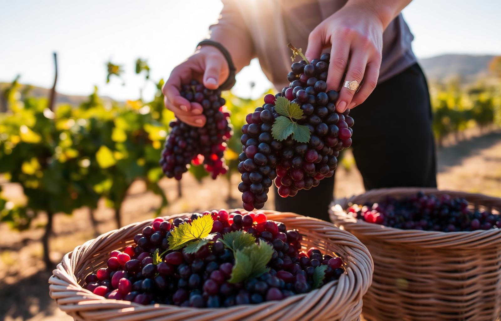 Manos cosechando uvas tintas durante la vendimia en La Rioja
